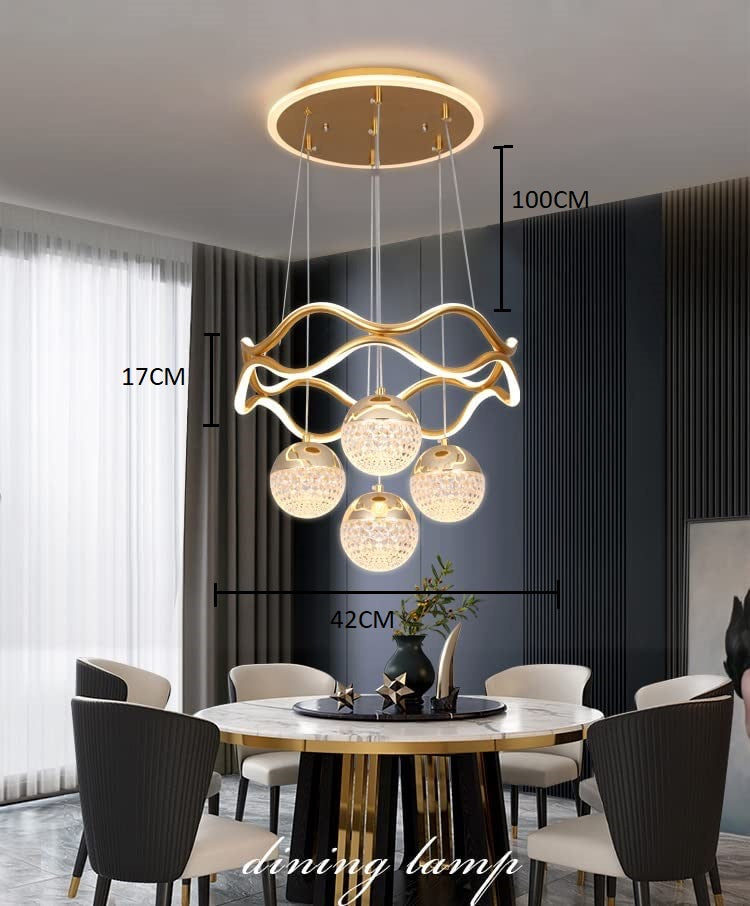 Modern Crystal Chandelier, LED Pendant Light with 4 Glass Globes, Wavy Design, Gold Finish, Dining Room Ceiling Light