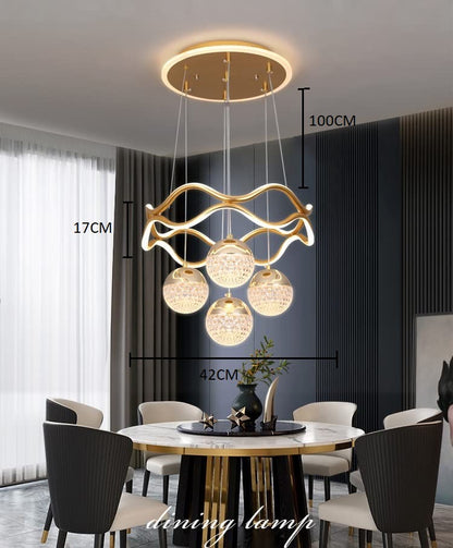 Modern Crystal Chandelier, LED Pendant Light with 4 Glass Globes, Wavy Design, Gold Finish, Dining Room Ceiling Light