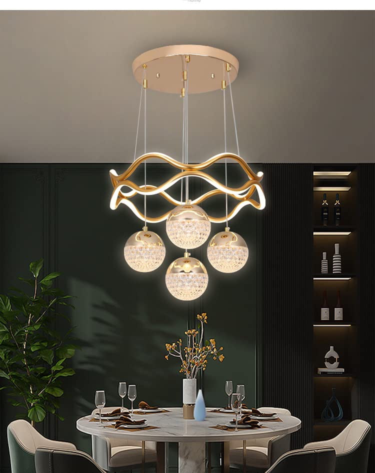 Modern Crystal Chandelier, LED Pendant Light with 4 Glass Globes, Wavy Design, Gold Finish, Dining Room Ceiling Light