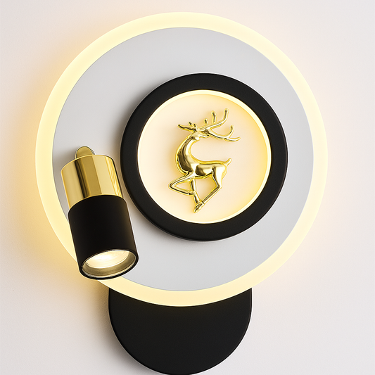 blissbells Modern LED Wall Light with Reindeer Design, Adjustable Spotlight, Dual Lighting Mode, Circular Mount, White and Gold