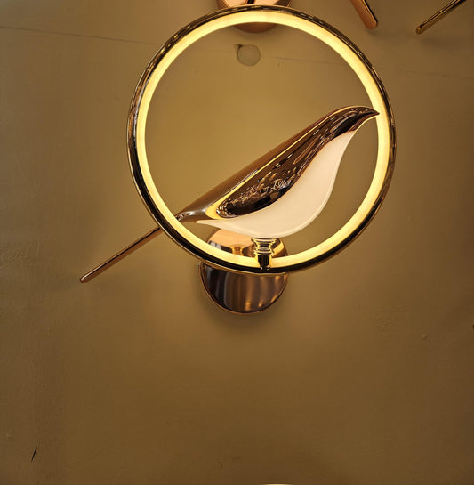 Modern LED Wall Light with Bird Design, Circle Ring Sconce, Warm White Illumination, Gold Chrome Finish