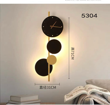 blissbells Modern Abstract Wall Light with Integrated Clock, Minimalist Design in Black and Gold (Clock and Circles)