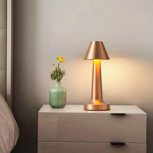 blissbells Pyramid Shape Rechargeable Rose Gold Metal LED Table Lamp with Touch Sensor, 3 Levels Brightness, Cozy Warm Lighting - Ideal Bedside Lamp or Night Light for Kids Nursery, Room Decor, Cafe