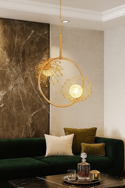 blissbells Luxury Dandelion-Inspired LED Pendant Light | Modern Rose Gold Floral Hanging Ceiling Lamp for Living Room, Bedroom, Hallway & Foyer (Glass Globe & Ring)