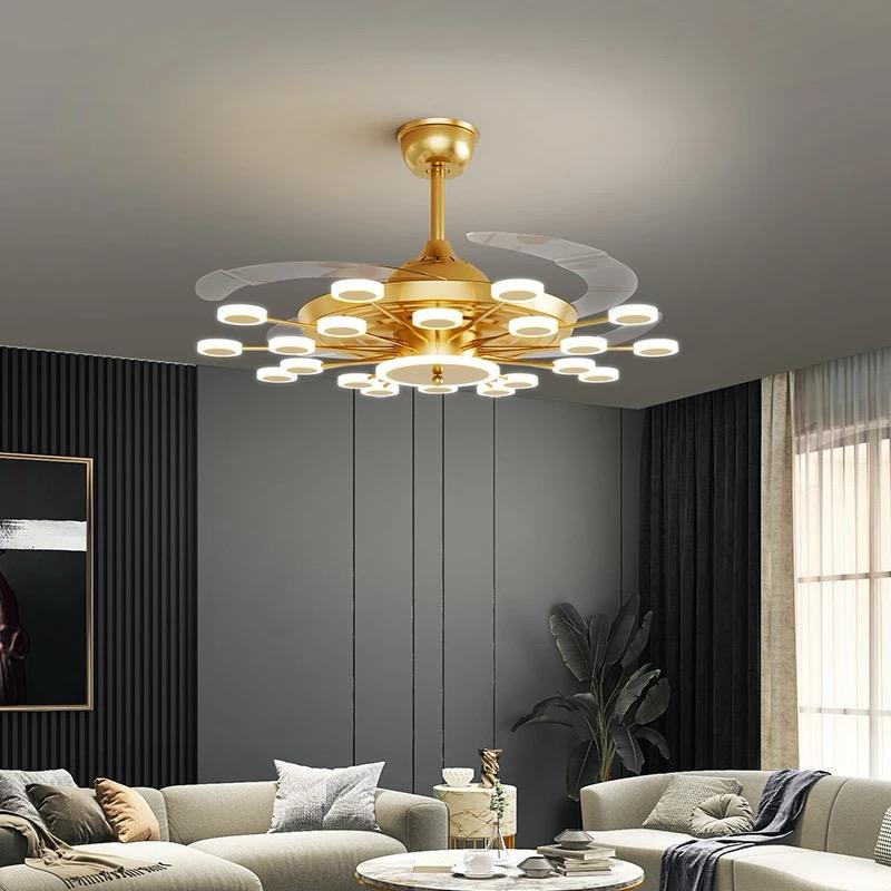 24 Light Chandelier Fan 42 Inch Gold Retractable Blades Remote Control - Tricolour | Warm White, White, Natural White |