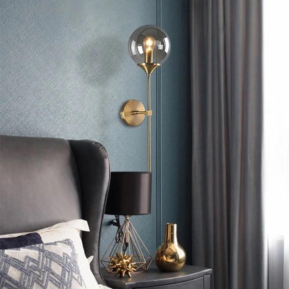 Modern Wall Sconce Light Fixture, Glass Globe Shade, Brass Finish, Long Stem Design