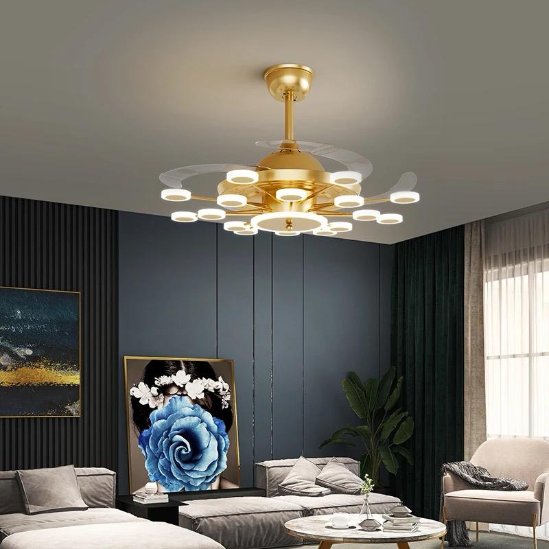 24 Light Chandelier Fan 42 Inch Gold Retractable Blades Remote Control - Tricolour | Warm White, White, Natural White |