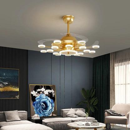 24 Light Chandelier Fan 42 Inch Gold Retractable Blades Remote Control - Tricolour | Warm White, White, Natural White |