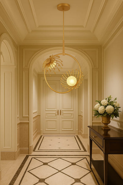 blissbells Luxury Dandelion-Inspired LED Pendant Light | Modern Rose Gold Floral Hanging Ceiling Lamp for Living Room, Bedroom, Hallway & Foyer (Glass Globe & Ring)